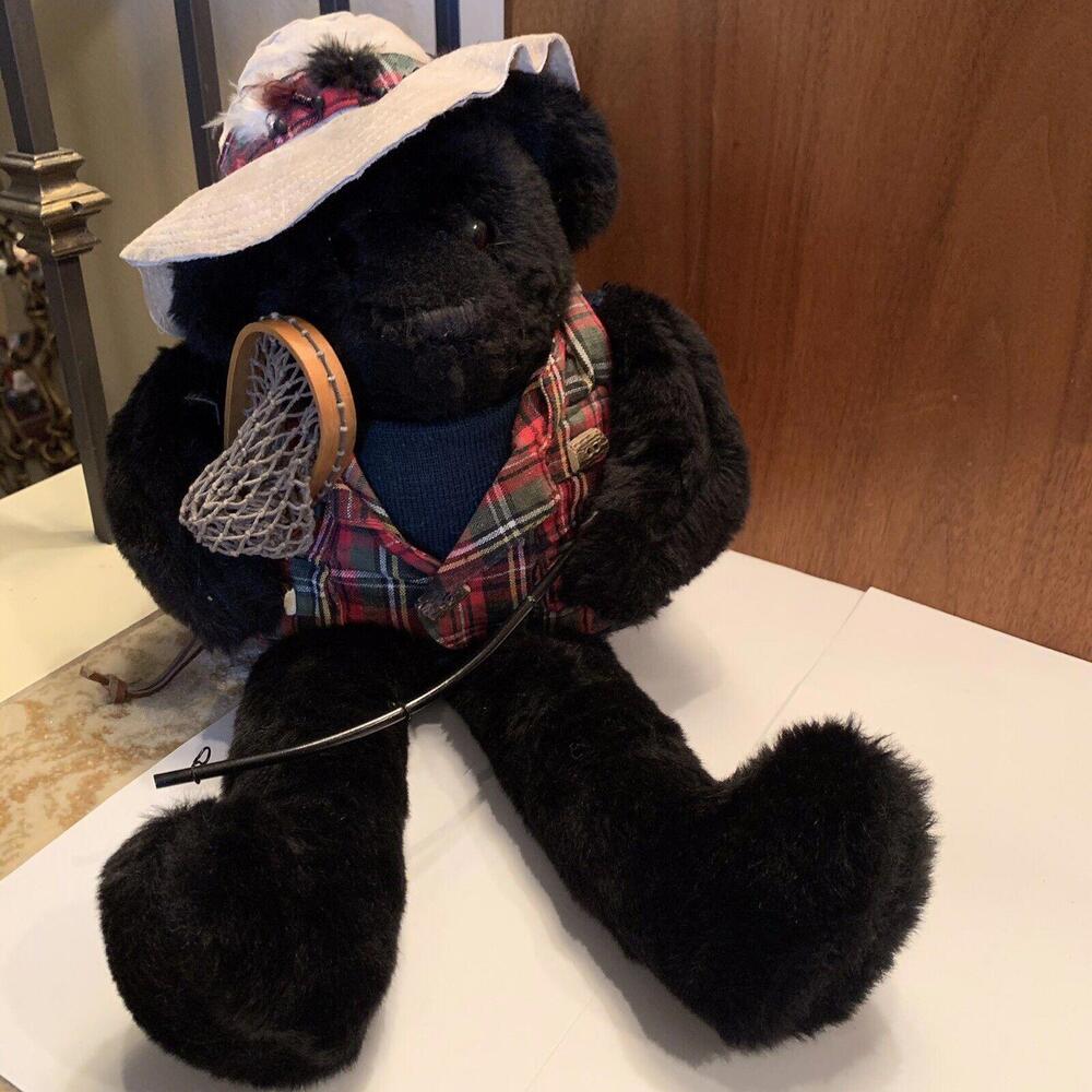 🌼Handsome Black Teddy Bear In Red Plaid Vest With Fishing Net / Pole